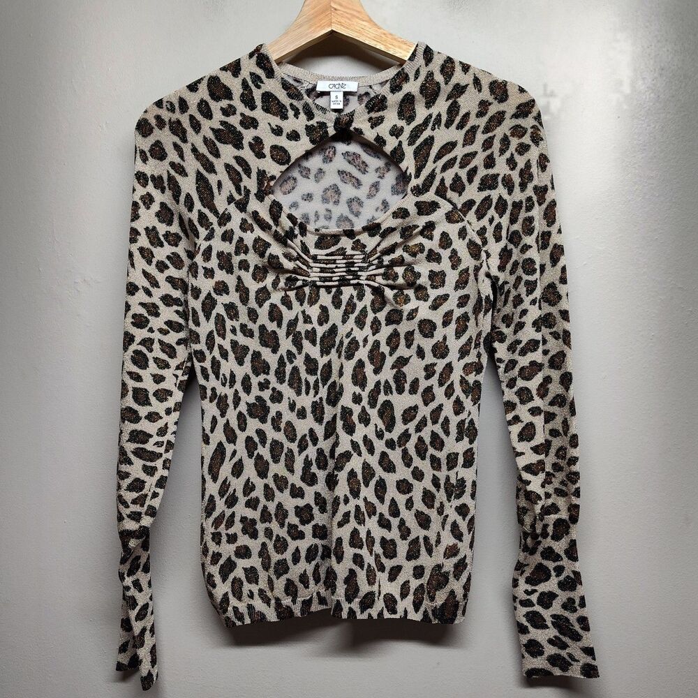 Caché Blouse Top Women S Tan Metallic Leopard Stretch Retro Mob Wife Party